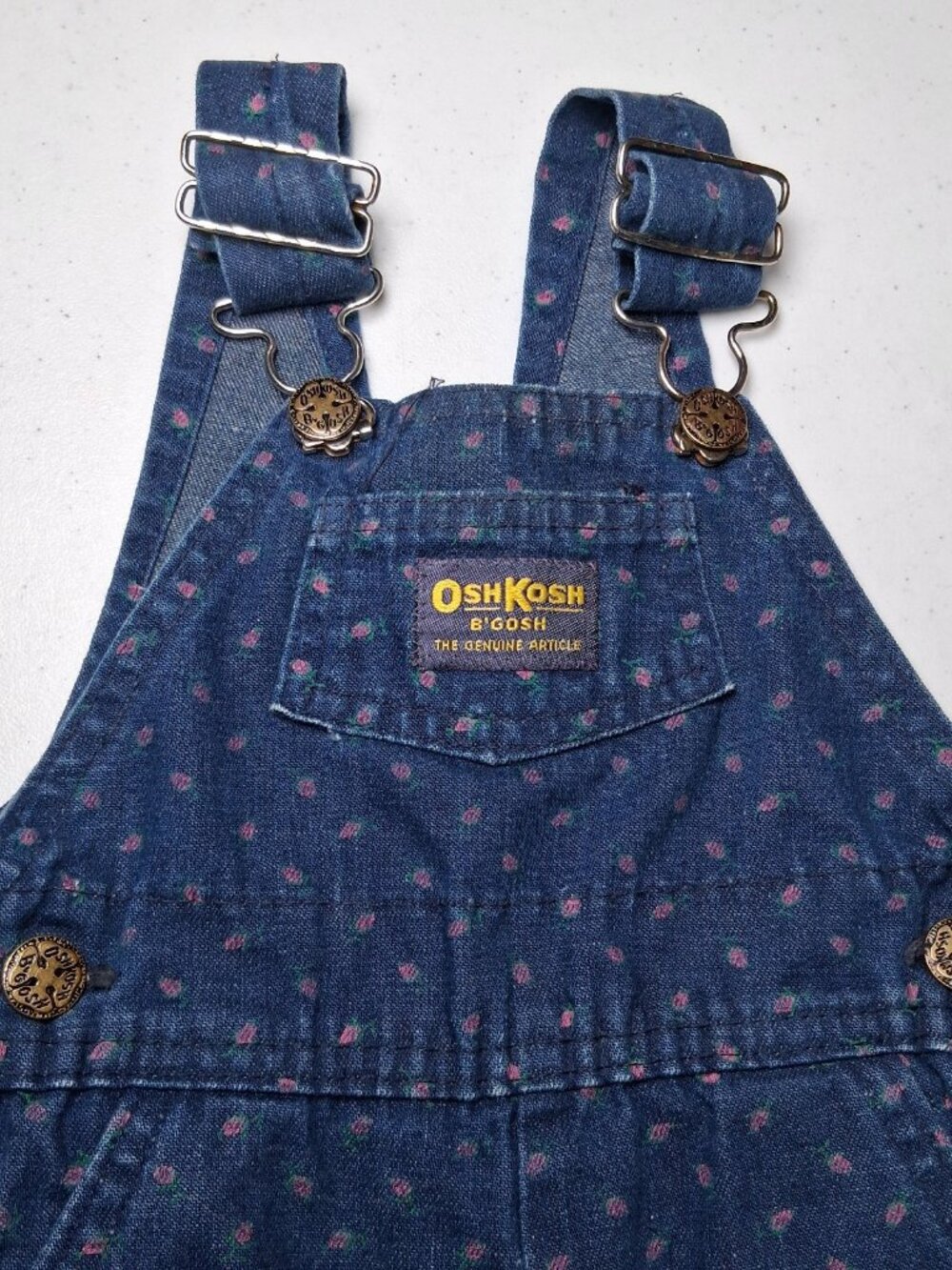 Vintage Osh Kosh B Gosh Overalls Girls 12 MOS Pink Floral Blue Denim Vestbak - Picture 7 of 16